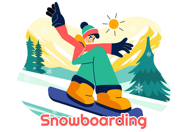 滑雪板矢量插图，展示人们在冬季雪山坡上滑行和跳跃，背景为平面风格的卡通画。图片下载