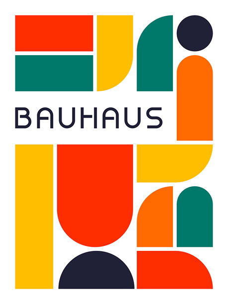 极简主义包豪斯海报，带有人形抽象图形和大胆的色块图片下载