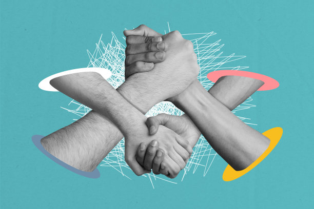 四只单色手的组合趋势艺术3D草图图像照片拼贴，展示友谊、团结、支持和团队建设的手势。图片下载