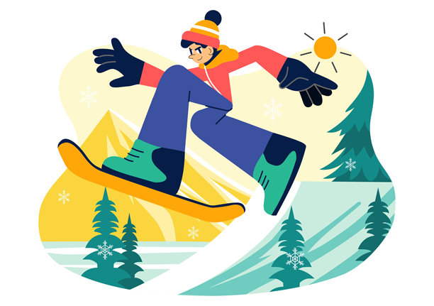 滑雪板矢量插图，展示人们在冬季雪山坡上滑行和跳跃，背景为平面风格的卡通画。图片下载