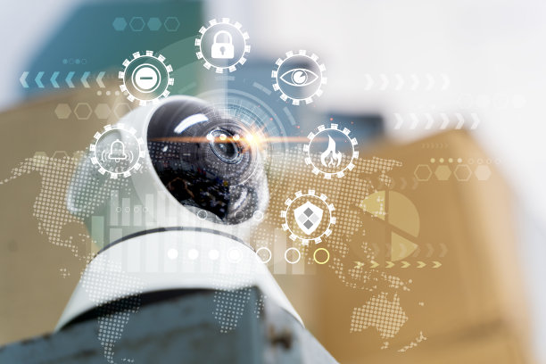 智能安全摄像头，配有全球监控、网络保护和数据技术的数字界面图标图片下载