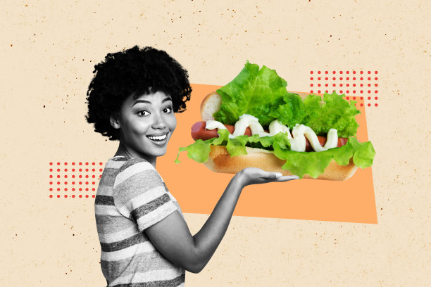 快乐的美国女孩手持热狗三明治，营养饮食快餐生菜，背景为涂鸦风格的画面拼贴照片。图片下载