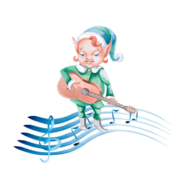 圣诞精灵吉他手在乐谱上。用于音乐会门票、室内装饰、邀请函、海报制作和问候的独立水彩插图。图片下载