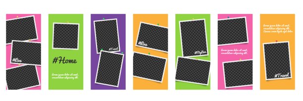 一套用于社交网络故事的真实模板和照片框架，带有标签和图钉。图片下载