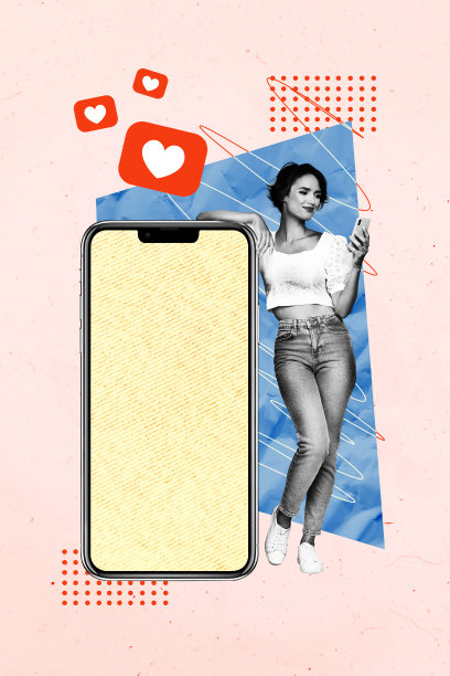 快乐女孩的垂直照片拼贴，受欢迎的博主手持手机，屏幕上显示心形通知反应，背景为涂鸦风格。图片下载
