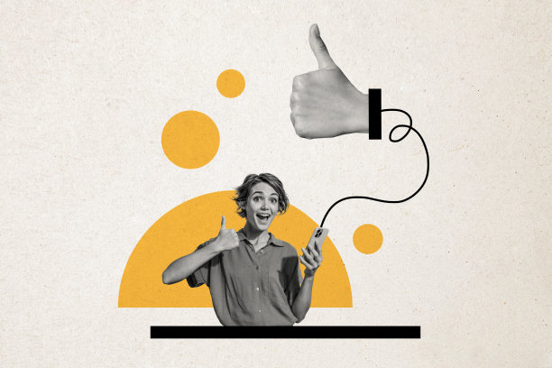 快乐的博主女孩手持手机，收到社交媒体点赞通知的合成照片拼贴，背景为涂鸦风格。图片下载