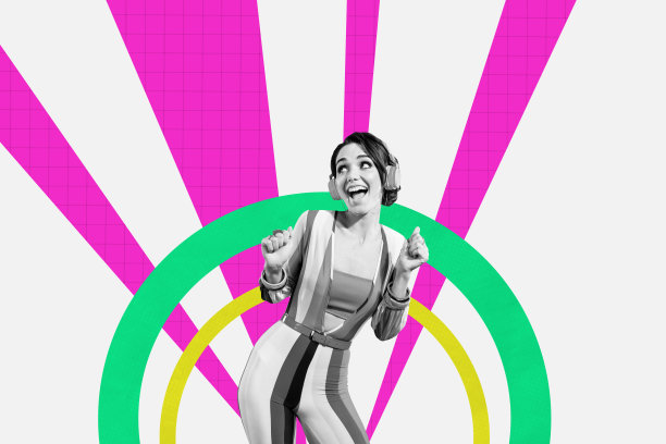 快乐女孩在周末场合中跳舞，戴着耳机听音乐旋律，派对氛围，背景为涂鸦风格的合成照片拼贴。图片下载