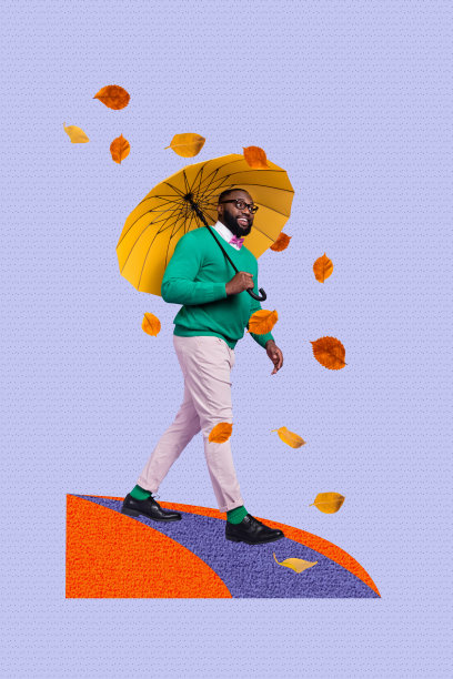 快乐的美国男士在秋季公园散步，手持阳伞，周围是干枯的落叶，营造出季节氛围的竖版照片拼贴，背景为涂鸦风格。图片下载