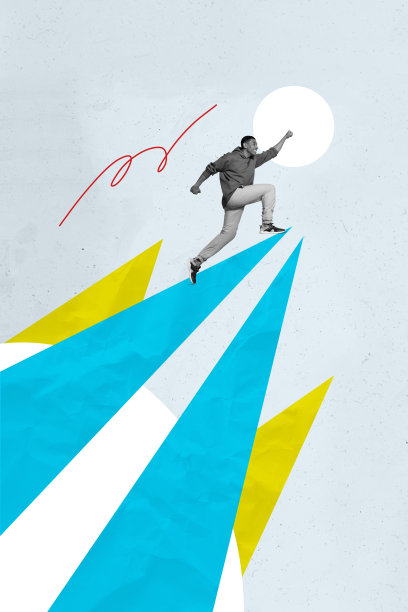 趋势艺术作品合成素描照片拼贴，几何元素，工作空间，箭头方向，年轻人飞奔，领导者向上攀登图片下载