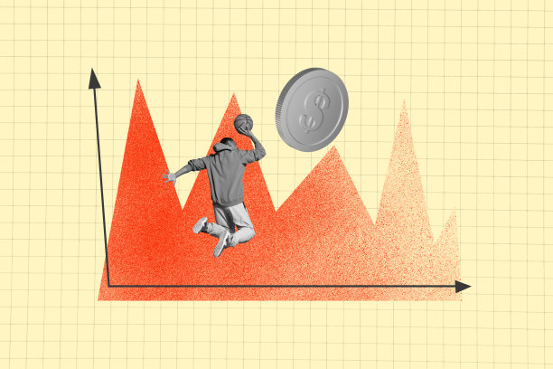 匿名男子跳跃推动篮球、硬币、收入、商业发展、箭头和贸易的合成照片拼贴，背景为涂鸦风格。图片下载