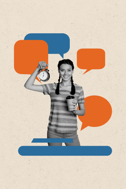 快乐女孩手持咖啡杯和闹钟的竖版照片拼贴，带有文本框气泡和交流短语，背景为涂鸦风格。图片下载