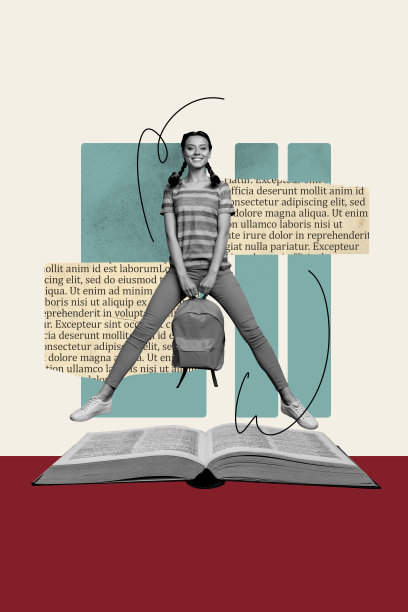 快乐的女孩大学生在准备作业，手持百科全书和背包，背景为涂鸦风格的垂直照片拼贴。图片下载