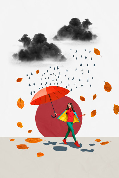 垂直照片拼贴，快乐女孩在雨storm中走着，手持雨伞，背景是干枯的树叶和涂鸦的季节性云彩。图片下载