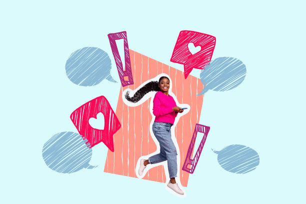 快乐的美国女孩在涂鸦背景上奔跑，手持手机，像是收到通知，表现出流行博主的反应，拼贴照片合集。图片下载