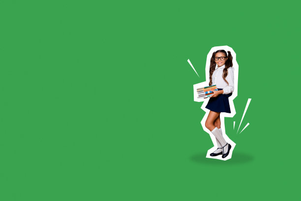 快乐的书虫女孩手捧教材书堆的合成照片拼贴，教育文学主题，背景为涂鸦风格。图片下载