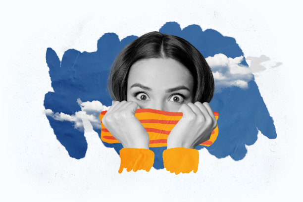 惊讶女孩的拼贴照片，藏身于温暖舒适的毛衣领中，秋季寒冷天气下的天空，背景为涂鸦风格。图片下载