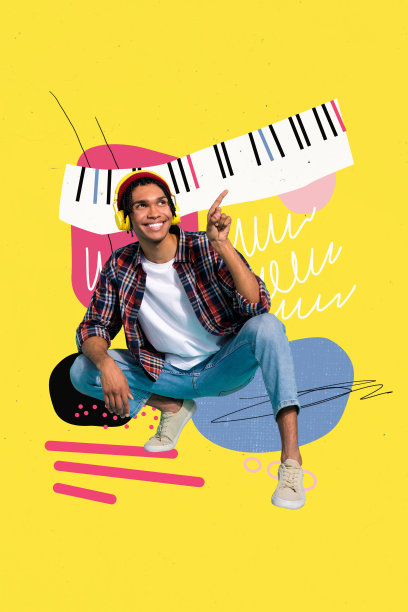快乐的美国男士戴着耳机，聆听钢琴音乐，享受原声乐器旋律的竖版照片拼贴，背景为涂鸦风格。图片下载