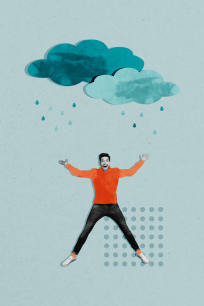 兴奋的男孩在秋季气旋预报的雨云下，纵向照片拼贴，背景为涂鸦风格的画面，展示了11月的暴风雨天气。图片下载