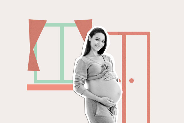 创意照片拼贴，年轻女性孕妇，母亲节假期，期待新生儿，肚子，家居绘画背景图片下载