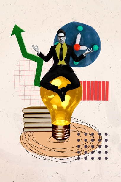 垂直照片拼贴，展示商人做瑜伽冥想，坐在灯泡、箭头、发展、时钟表盘和书本旁，背景为涂鸦风格。图片下载