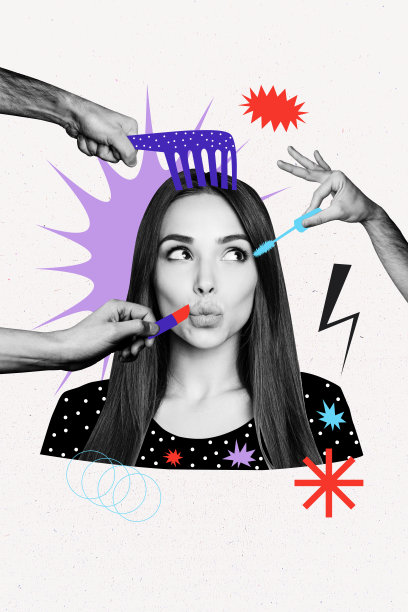 快乐女孩在美容院进行面部护理，涂抹唇膏、梳理发型、涂抹睫毛膏的竖版照片拼贴，背景为涂鸦风格。图片下载