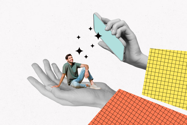 人手合成照片拼贴，展示最新款智能手机，快乐的男人坐在手掌上，背景为涂鸦风格。图片下载