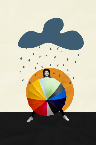 快乐女孩手持五彩斑斓的雨伞，雨天秋季气候下的竖版照片拼贴，背景为涂鸦风格的风暴云彩。图片下载