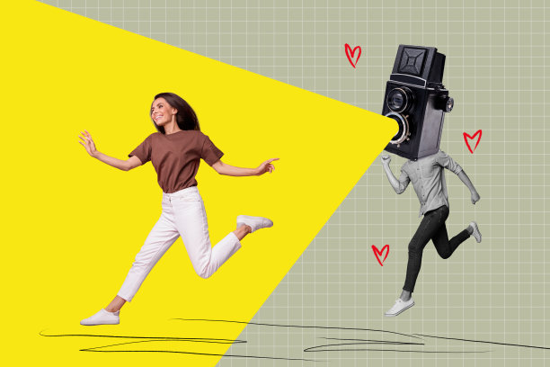 快乐女孩和男孩的合成照片拼贴，头部是复古相机设备，闪光灯发出心形光束，背景为涂鸦风格。图片下载