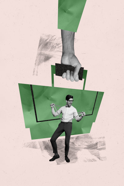 穿着优雅服装的快乐男魔术师在舞蹈，纵向照片拼贴，身处马戏团的魔术箱中，进行幻术表演，背景为彩绘图案。图片下载