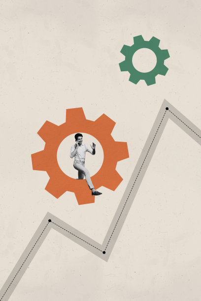 快乐的男经理在电话中交谈，奔跑着进行促销，图表和齿轮优化的垂直照片拼贴，背景为涂鸦风格。图片下载