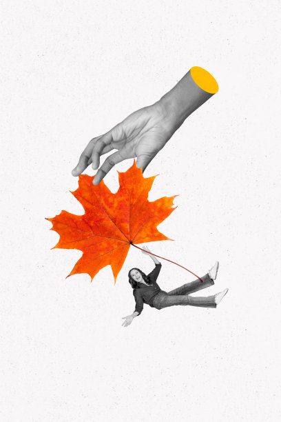 复合趋势艺术作品草图照片拼贴，巨大的手握着枫叶，年长女性悬挂微笑，漂浮在自然的秋季中。图片下载