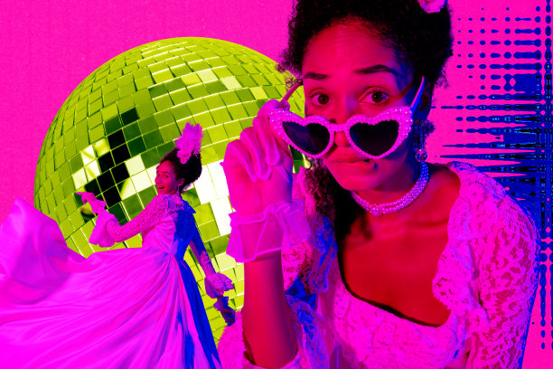 年轻女士肖像的照片拼贴模板，采用中世纪风格，困惑的表情，迪斯科球，夜晚聚会，轻松的周末。图片下载