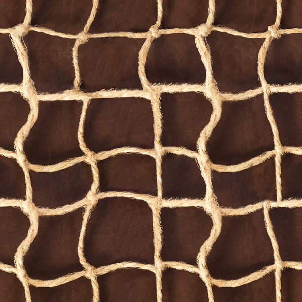 无缝的4K照片纹理材料，布绳编织网状物在棕色皮革表面上。图片下载