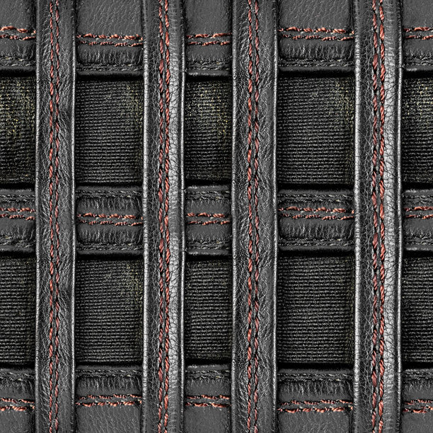 无缝4K照片纹理材料，黑色缝合带皮革网状物，放置在脏布上。图片下载