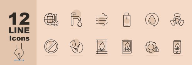 环保技术图标：地球、热量、水龙头、风能、能源电池、水回收、风扇、禁止标志、生态叶子、框架生态、移动应用。技术、可持续性、绿色。图片下载