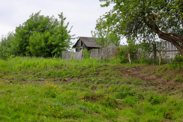 这张照片描绘了一座乡村房屋，位于一座古老的木栅栏后面，四周环绕着郁郁葱葱的绿树。阴云密布的天空为其提供了宁静的背景，完美地传达了乌克兰乡村的简单与自然之美。图片下载