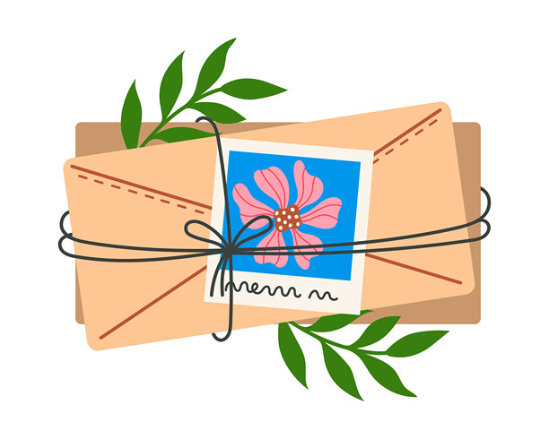 一堆封闭的信封，矢量图标。复古信件用绳子绑成一束，系着蝴蝶结。可爱的照片，带有花朵和植物叶子的枝条。信息，明信片。邮政通信，白色背景下的孤立图像。图片下载