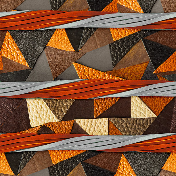 无缝的4K照片纹理材料，包含各种棕色和橙色调的马赛克皮革瓷砖表面，带有带子。图片下载
