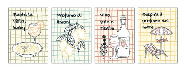 手绘矢量海报套装，包含意大利夏季元素：意大利面、柠檬、葡萄酒瓶、酒杯、沙滩伞和躺椅。地中海复古厨房、餐厅、家居墙面装饰。图片下载
