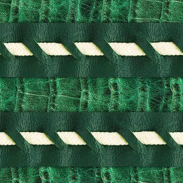 无缝的4K照片纹理材料，带有压花绿色爬行动物皮革和带子。图片下载