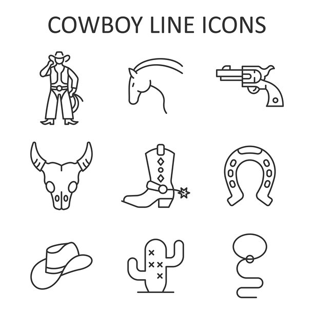 牛仔线条图标集。西部荒野系列，包括马、枪、牛头骨、牛仔靴、马蹄铁、帽子。矢量插图。图片下载