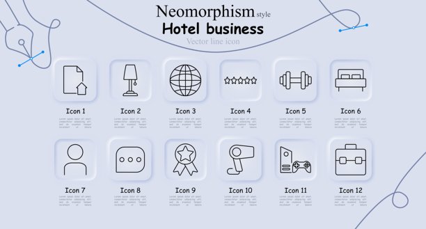 酒店业务图标集合。物业文件、台灯、全球连接、星级评级、健身房、卧室、客人档案、聊天信息、奖章、吹风机、游戏机、商务手提箱。图片下载
