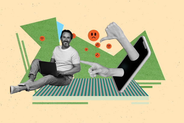 时尚的照片拼贴，展示了一位不开心的女孩和男孩坐在一起，透过手机屏幕窥视，手势表示不喜欢，网络欺凌，悲伤的表情符号问题。图片下载