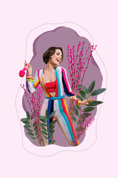 快乐女孩和男孩在春天的野花、柳树枝下狂欢舞蹈的竖版照片拼贴，庆祝派对活动的轻松氛围。图片下载