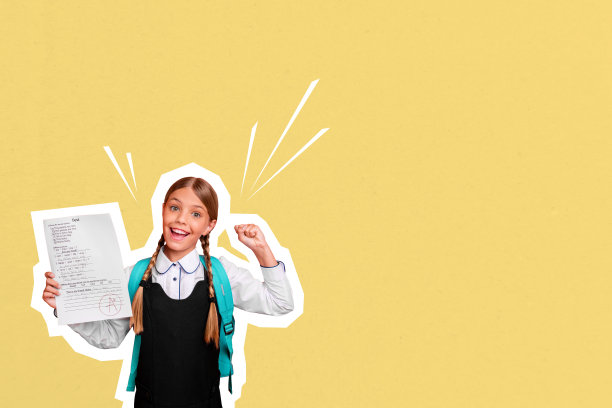 快乐可爱的女学生展示纸张上优秀的考试成绩，最佳学生教育，复合照片拼贴，背景为涂鸦风格。图片下载