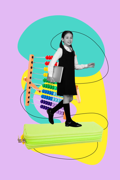 快乐的女学生穿着校服，站在铅笔盒、算盘和计算器旁，进行数学科目的学习，形成一幅竖版照片拼贴。图片下载