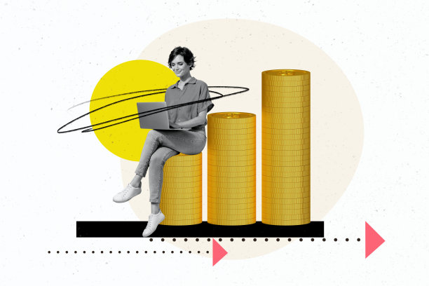 商业收益趋势艺术作品草图，照片拼贴，年轻女士坐在笔记本电脑前，身边是一大堆硬币和比特币。图片下载