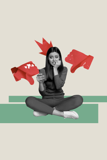 垂直照片拼贴，沮丧的女孩博主咬着手指，因网络欺凌而收到不喜欢的评价，手持手机，社交媒体，孤立在涂鸦背景上。图片下载