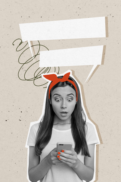 复合趋势艺术作品 3D 图像照片拼贴，剪影年轻女士震惊的面孔，天哪，复古风格发型，手持智能手机聊天新闻图片下载