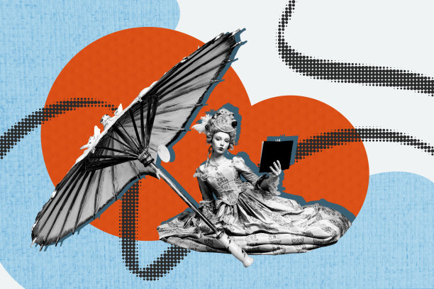 时尚复古贵族服装配饰的趋势合成素描照片拼贴，历史年轻女士坐着，手持书本和雨伞。图片下载